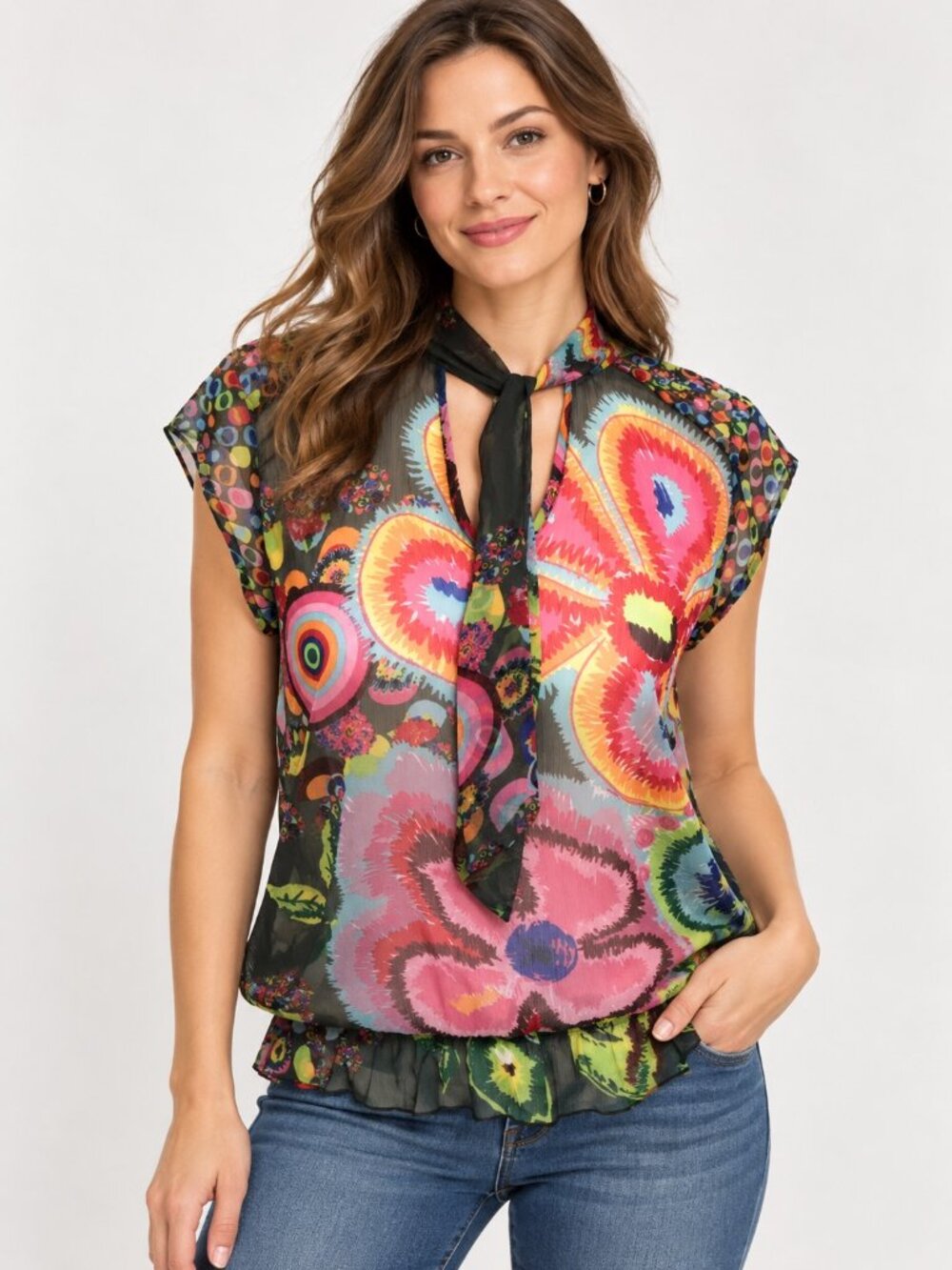 Desigual Sheer Floral Art Print Blouse Women's Small Tie V Neck Cap Sleeves Boho